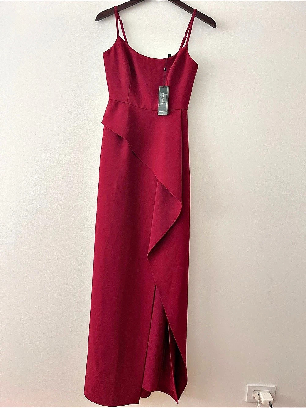 BCBGMAXAZRIA Peplum Crepe Gown Draped Maxi Dress Burgundy Small